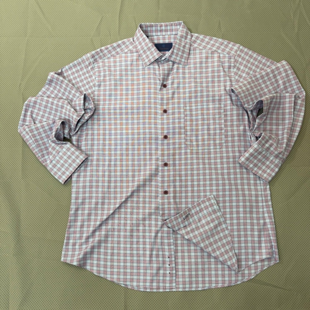 David Donahue Shirt Mens L Blue Burgundy Plaid Performance Stretch Button Up